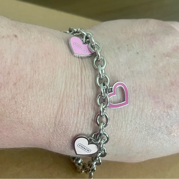 Coach Pink Enamel Pink Hearts Silver-tone Charm Bracelet Dog Leash Clip Clasp - Picture 5 of 5